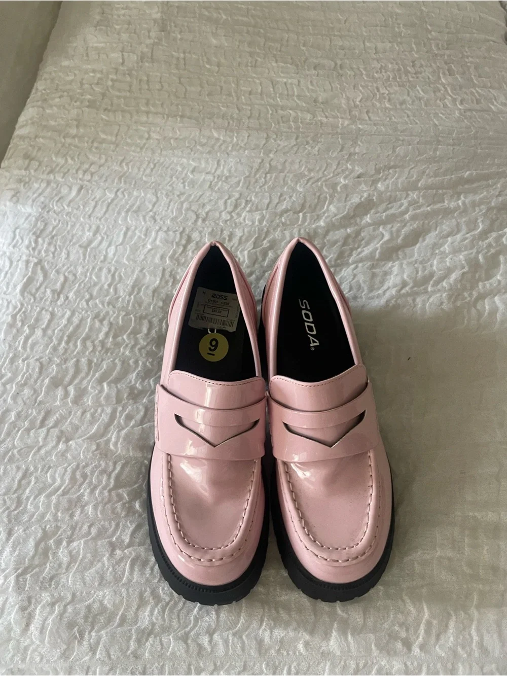 Soda Pink Patent Loafers with Black Chunky Sole